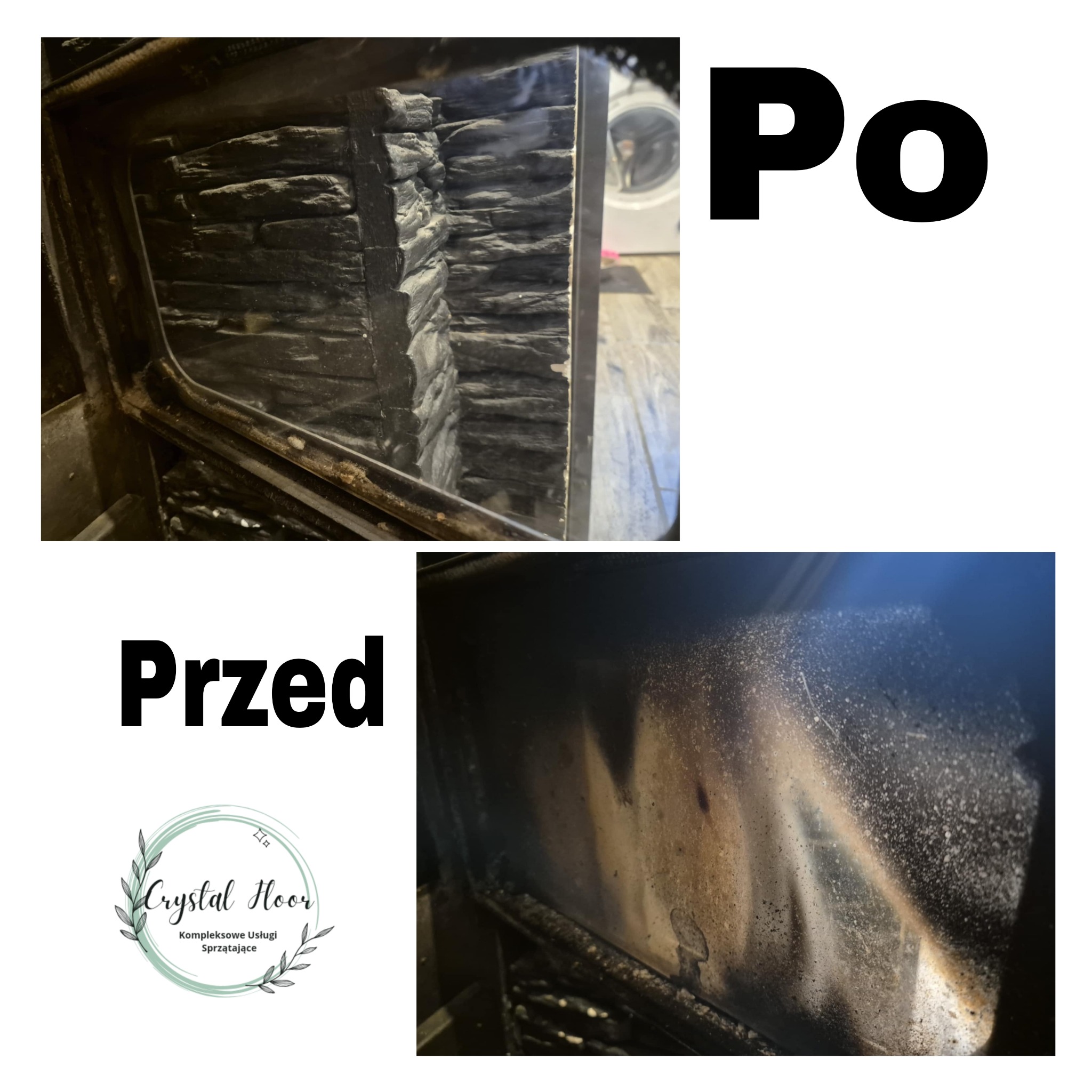 Kominek z obudową z kamienia dekoracyjnego, zdjęcie typu 'przed i po' czyszczeniu, widoczne osady i zabrudzenia usunięte.