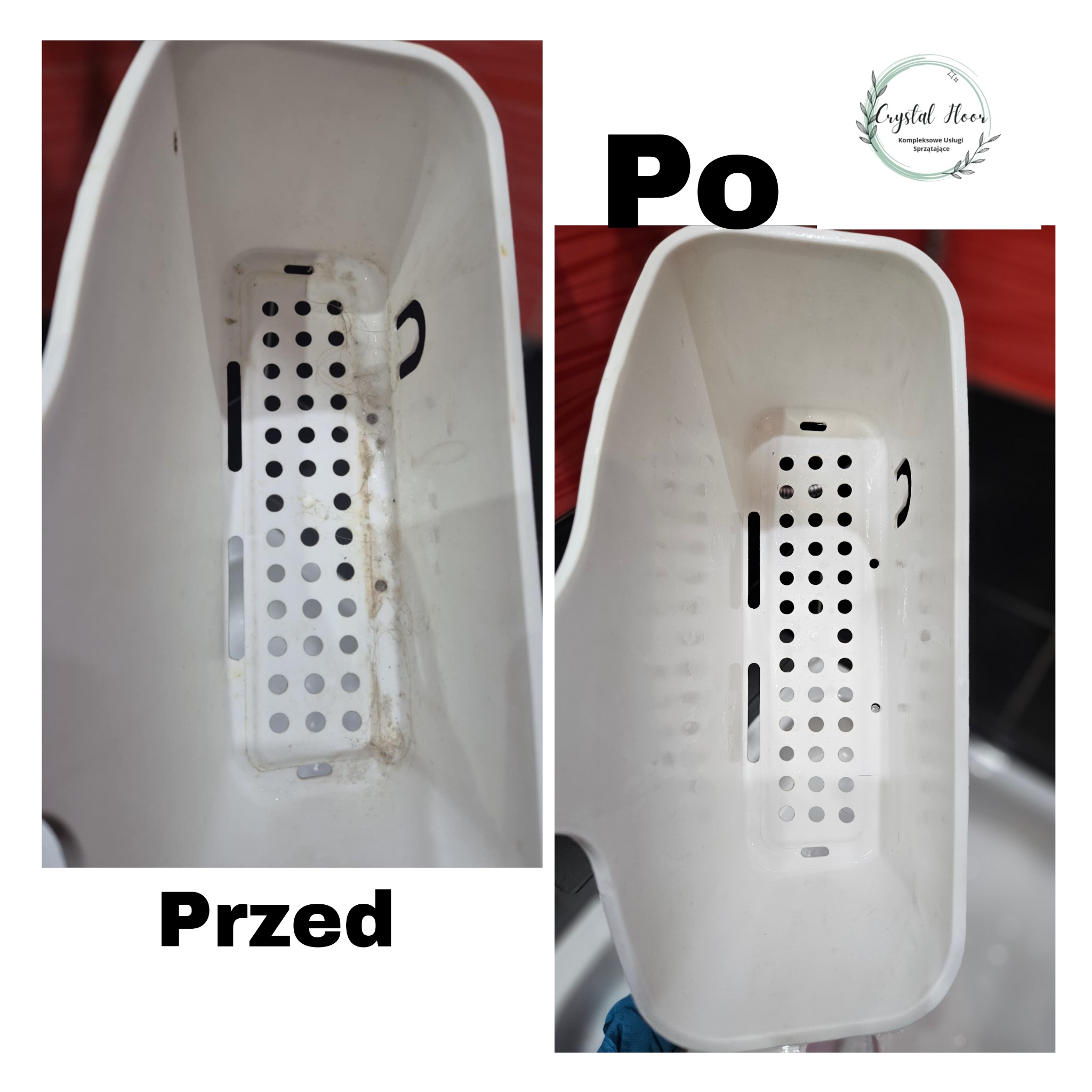 Plastikowy kosz na śmieci, widok z góry, porównanie stanu przed czyszczeniem (po lewej) i po czyszczeniu (po prawej), z widocznym logo firmy sprzątającej w prawym górnym rogu.