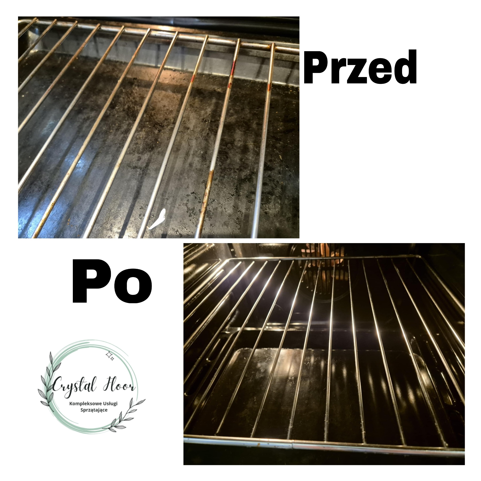 Zdjęcie 'przed i po' przedstawia ruszt piekarnika: górna część ukazuje przypalenia i zabrudzenia, dolna część prezentuje czysty, błyszczący ruszt, w lewym dolnym rogu widoczne logo firmy sprzątającej.