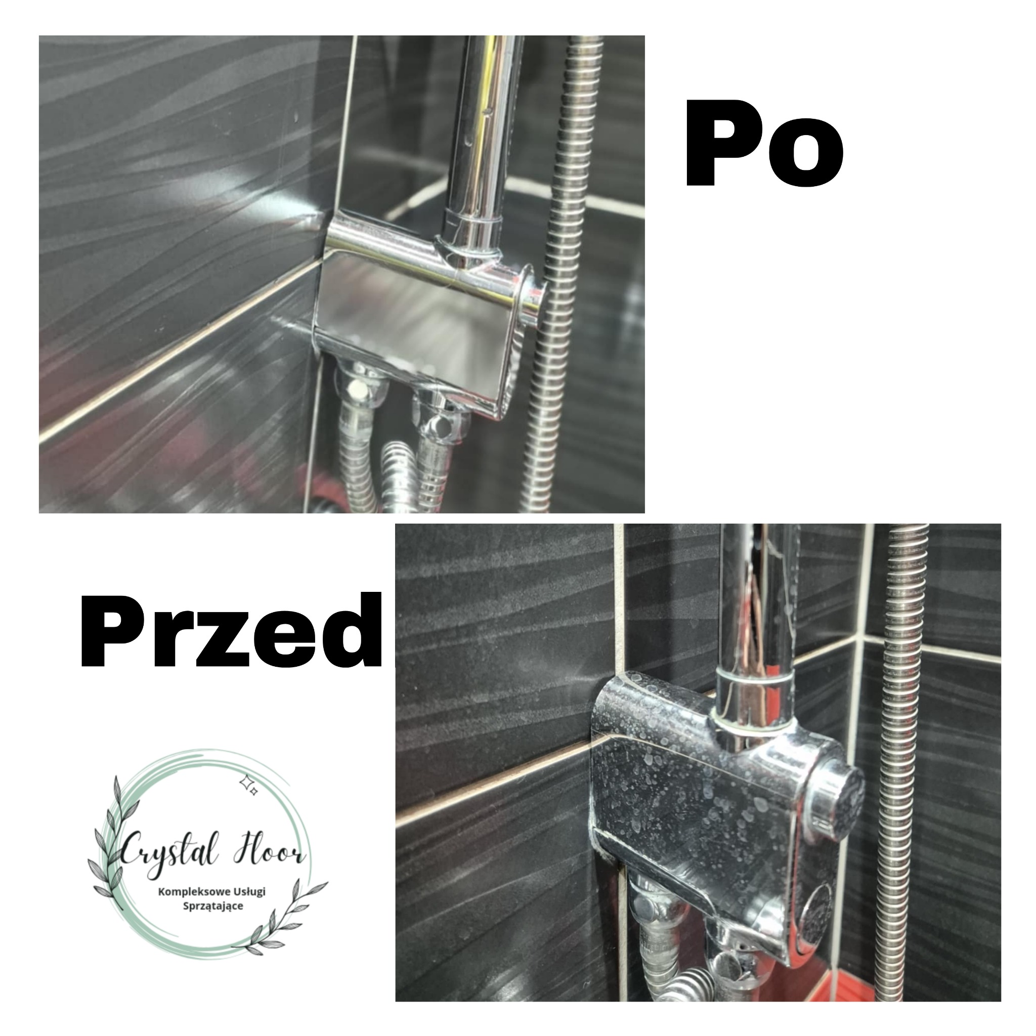 Porównanie stanu baterii prysznicowej przed i po czyszczeniu, widoczne osady kamienia usunięte z chromowanej powierzchni na tle ciemnych, wzorzystych płytek.