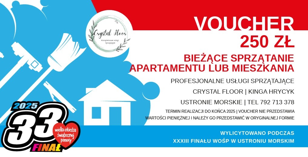 Voucher na 250 zł na bieżące sprzątanie apartamentu lub mieszkania od firmy Crystal Floor, z logo firmy i grafiką przedstawiającą sprzęt do sprzątania oraz logo WOŚP.