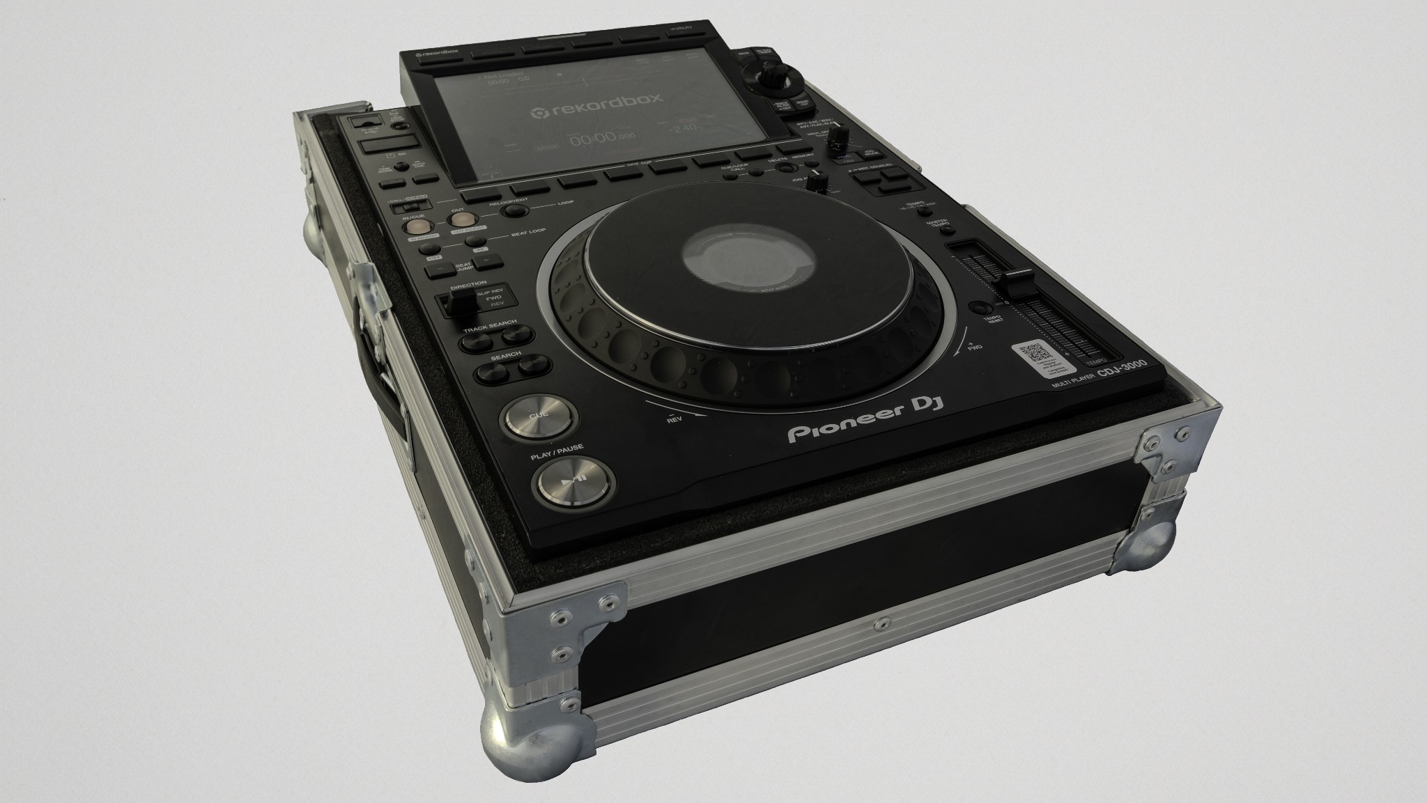 Profesjonalny odtwarzacz DJ Pioneer CDJ-3000 w solidnej, aluminiowej obudowie transportowej, widok z góry, ekran rekordbox.
