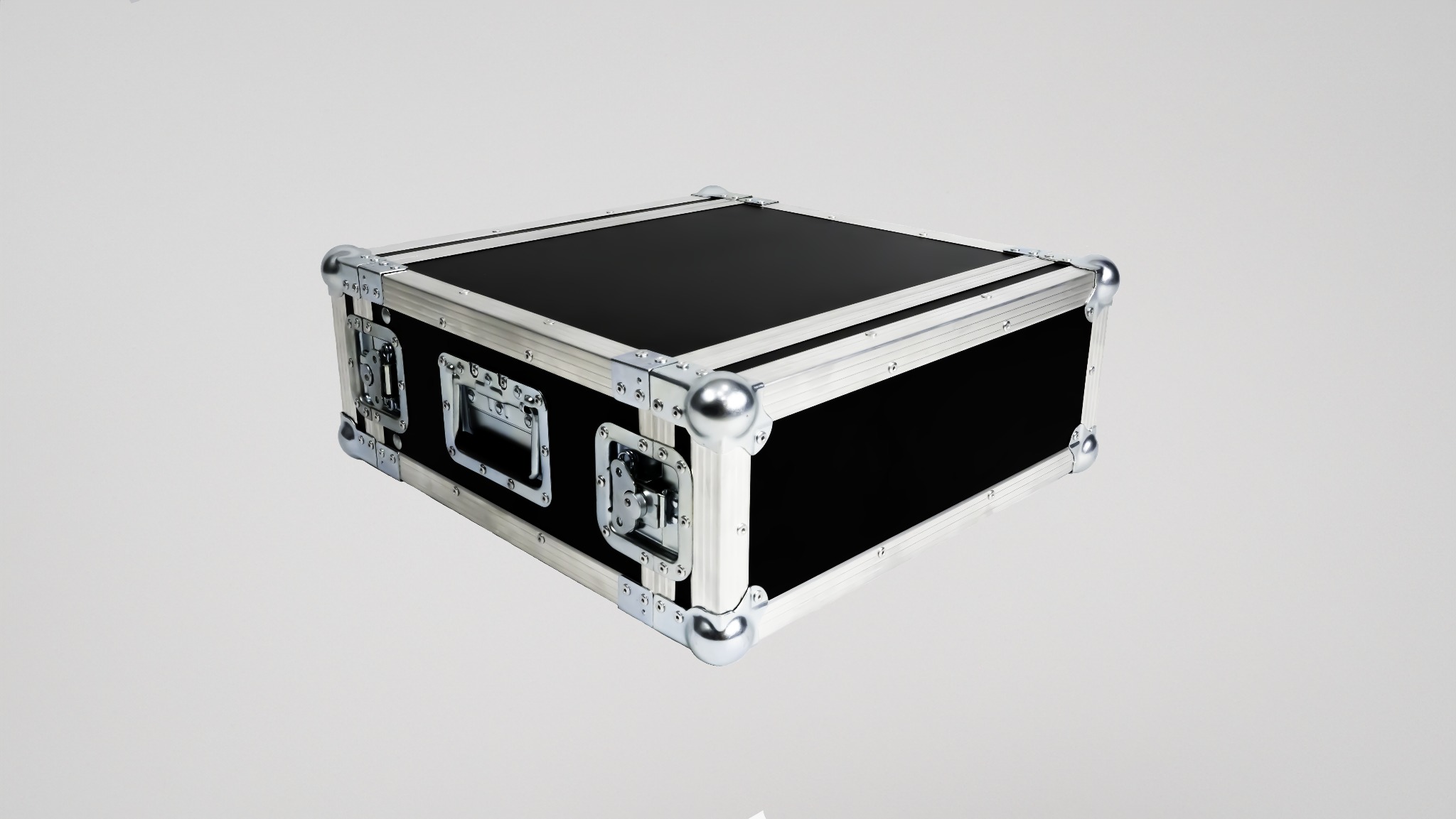 Czarna skrzynia transportowa z metalowymi okuciami, potencjalnie używana do przewozu sprzętu oświetleniowego lub nagłośnieniowego, oferowana w Zielonce.