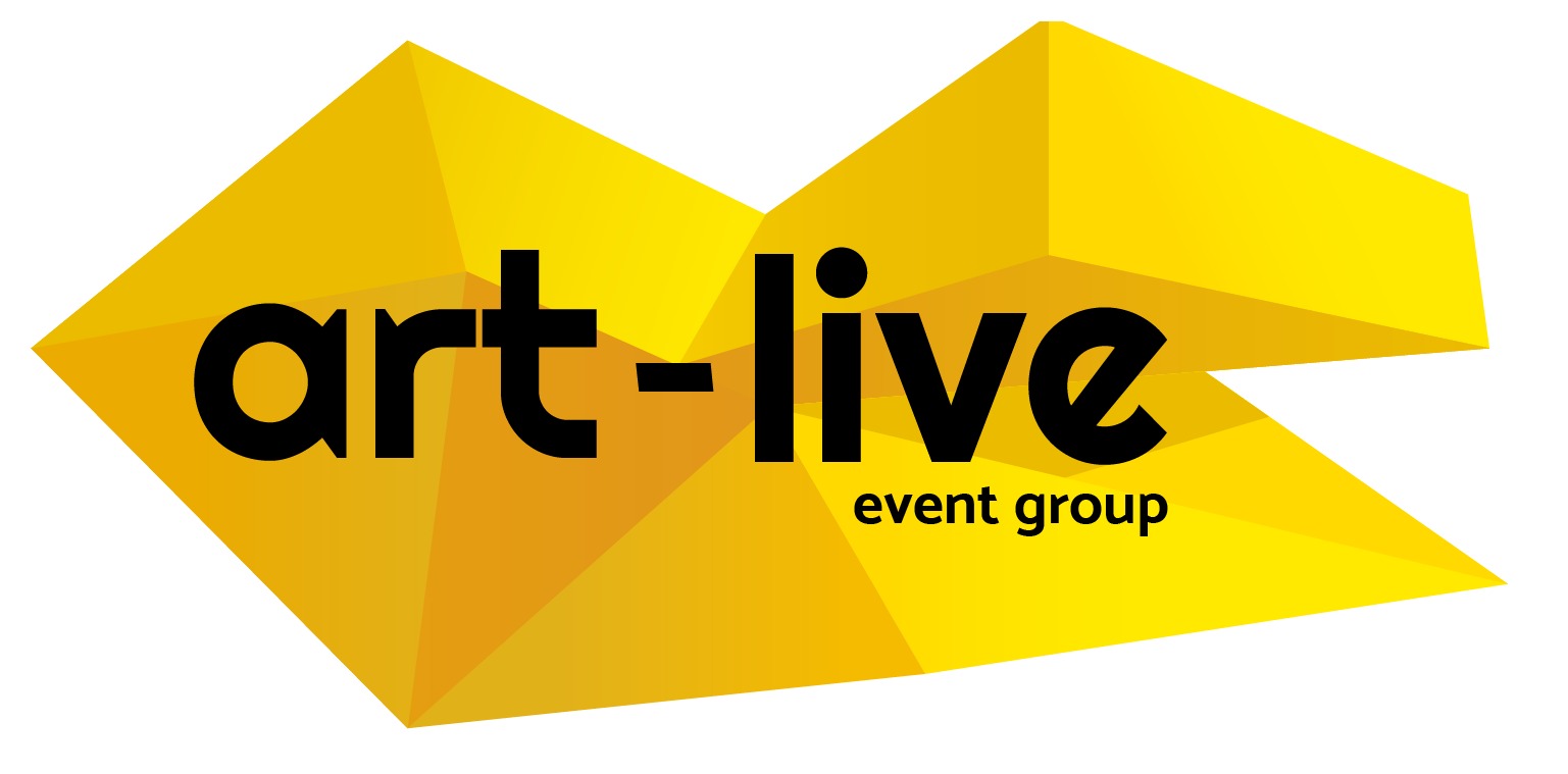 Logo firmy eventowej Art-Live Event Group na tle geometrycznego kształtu w odcieniach żółci.