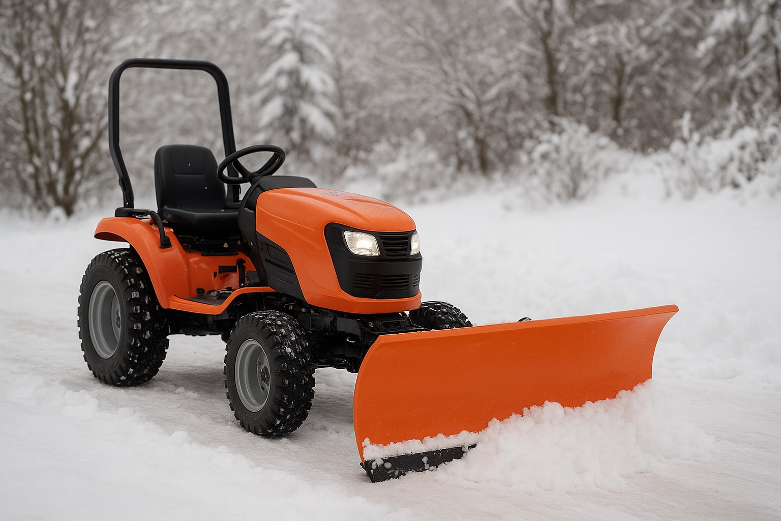 Pomarańczowy traktor z pługiem odśnieżnym na tle zimowego krajobrazu. Widoczne ośnieżone drzewa i droga. Sprzęt gotowy do pracy w trudnych warunkach.
