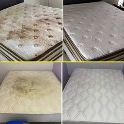 Yuliia Torychko - Kolaż przedstawiający materace przed i po czyszczeniu, widoczne wyraźne różnice w czystości i wyglądzie.