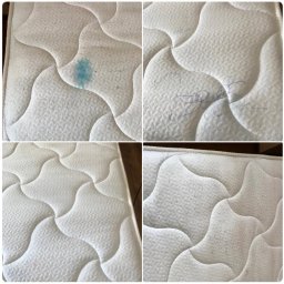 Yuliia Torychko - Kolaż przedstawiający materac z widocznymi plamami i zabrudzeniami przed czyszczeniem, ukazujący niebieską plamę, ślady długopisu oraz drobne zanieczyszczenia na białej powierzchni.