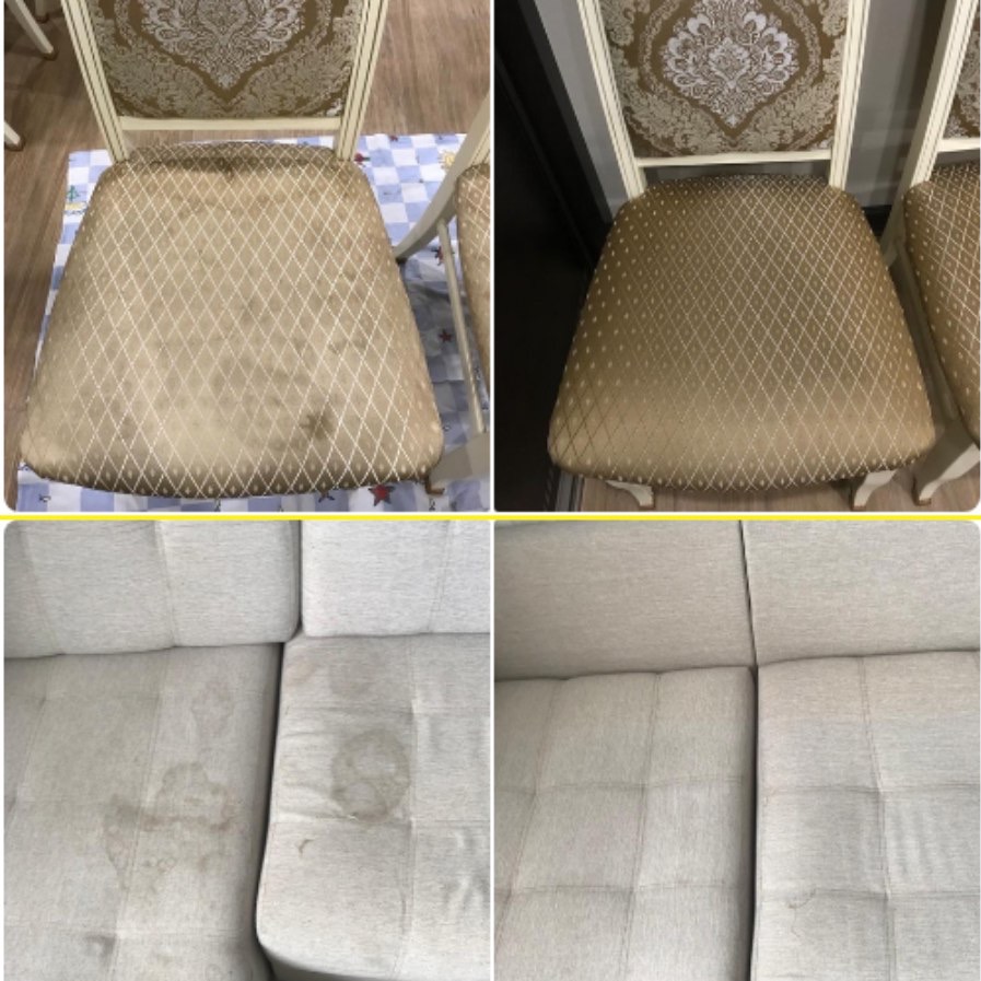 Porównanie krzesła i sofy przed i po czyszczeniu, widoczne plamy usunięte z tapicerki.