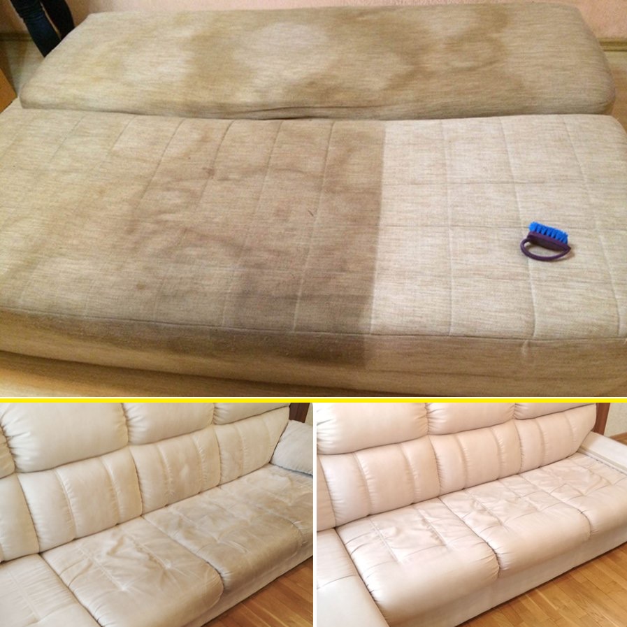 Porównanie: Fragment beżowej tapicerki kanapy po lewej stronie z widocznymi plamami i zabrudzeniami, kontrastujący z czystą, odświeżoną prawą stroną, obok której leży niebieska szczotka. Na dole...