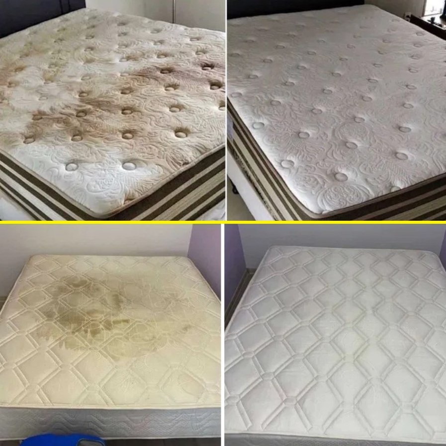 Kolaż przedstawiający materace przed i po czyszczeniu, widoczne wyraźne różnice w czystości i wyglądzie.