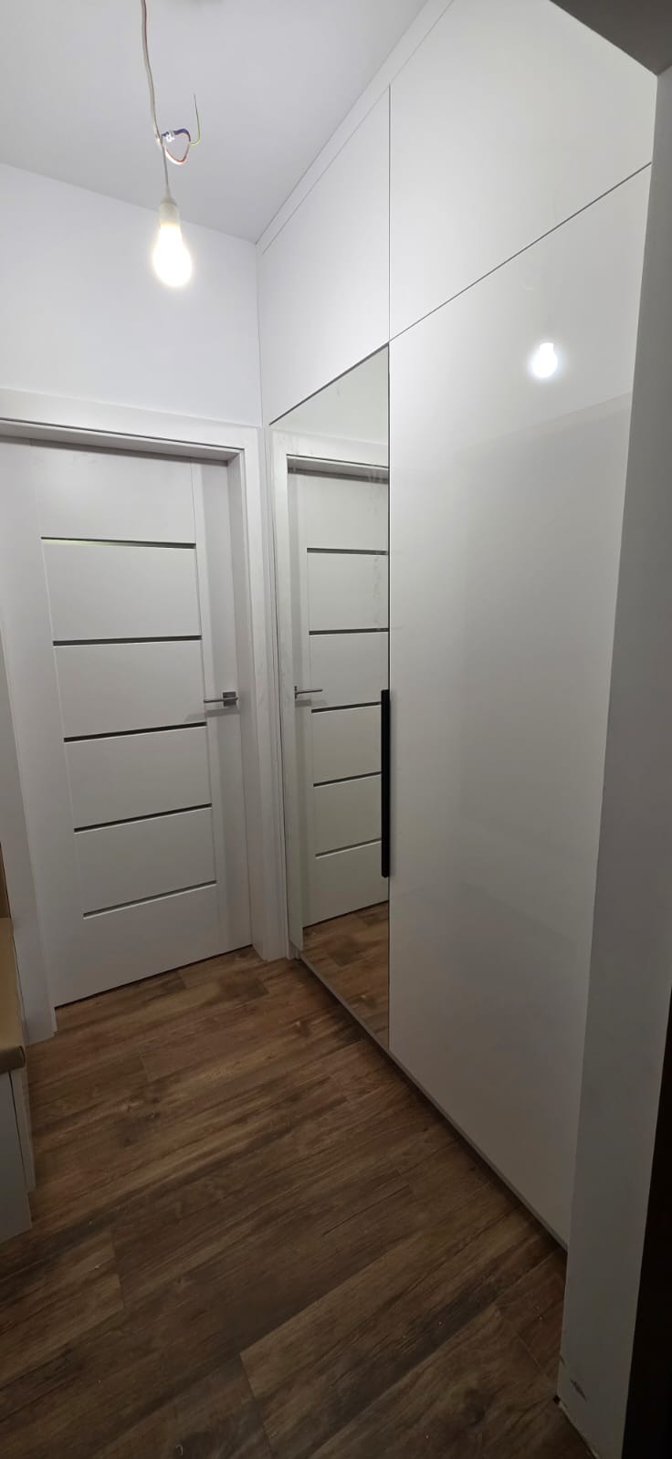 Biała szafa z lustrzanymi drzwiami w przedpokoju, widoczna lampa bez klosza i drewnopodobna podłoga.