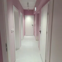 Korytarz po remoncie z r&oacute;żowymi ścianami, białymi drzwiami z czarnymi klamkami i jasną podłogą, widoczne oświetlenie sufitowe.