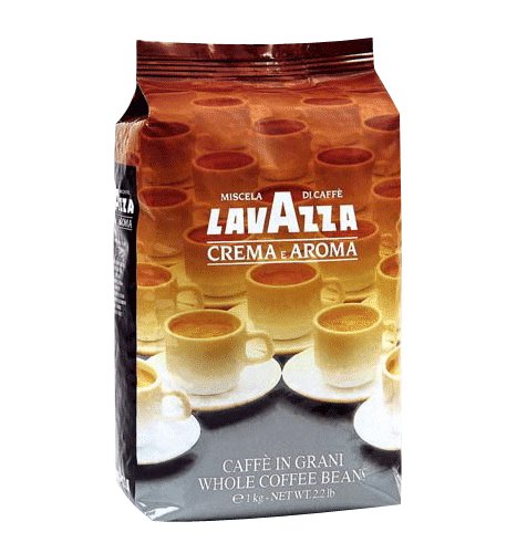 Opakowanie kawy ziarnistej Lavazza Crema e Aroma, z grafiką filiżanek kawy na tle, waga 1kg.