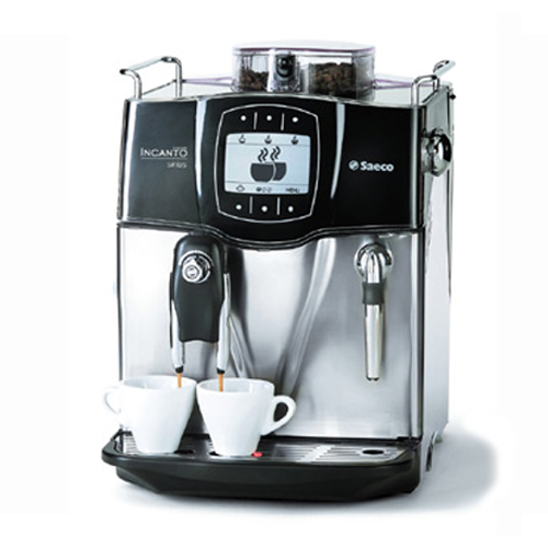 Automatyczny ekspres do kawy Saeco Incanto z dwoma filiżankami, z których leje się kawa.