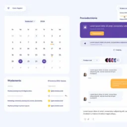 Interfejs aplikacji internetowej dla Szkoły Rzemiosł w Cieszynie, prezentujący kalendarz z zaznaczonymi datami, powiadomienia i okno czatu z użytkownikami, z menu nawigacyjnym po lewej stronie...