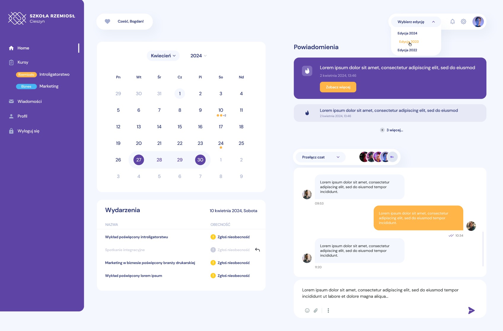 Interfejs aplikacji internetowej dla Szkoły Rzemiosł w Cieszynie, prezentujący kalendarz z zaznaczonymi datami, powiadomienia i okno czatu z użytkownikami, z menu nawigacyjnym po lewej stronie...