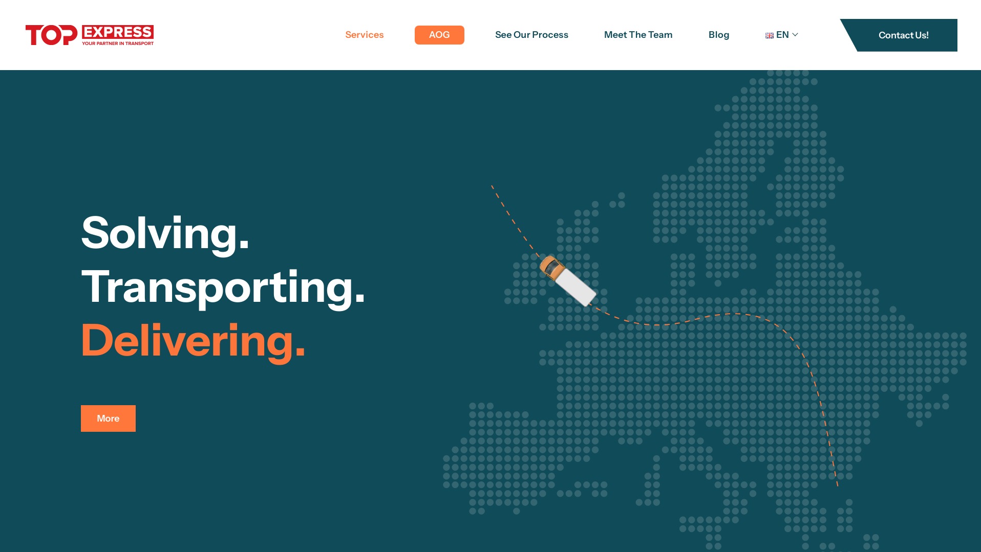 Strona internetowa firmy transportowej Top-express.pl z mapą Europy utworzoną z kropek, ilustrująca trasę transportu ciężarówką, z hasłami Solving, Transporting, Delivering.