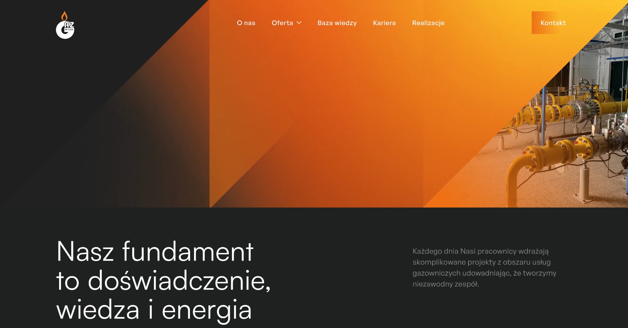 Strona internetowa firmy z branży gazowniczej, prezentująca żółte rurociągi i instalacje gazowe na tle pomarańczowo-czarnego gradientu.
