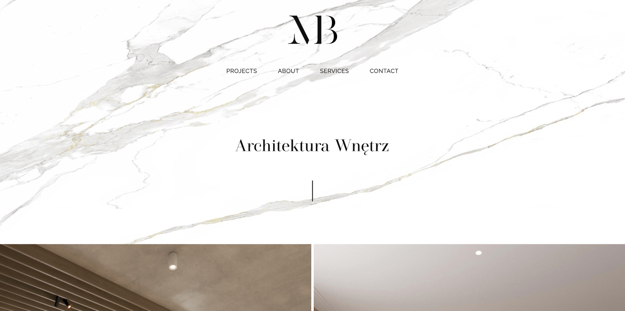 Strona internetowa z białym marmurowym tłem, logo firmy AB, menu nawigacyjne i napisem Architektura Wnętrz, z elementami wnętrz w dolnej części.