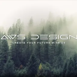 Logo firmy AWS Design na tle mglistego lasu iglastego, z hasłem 'Create your future with us'.