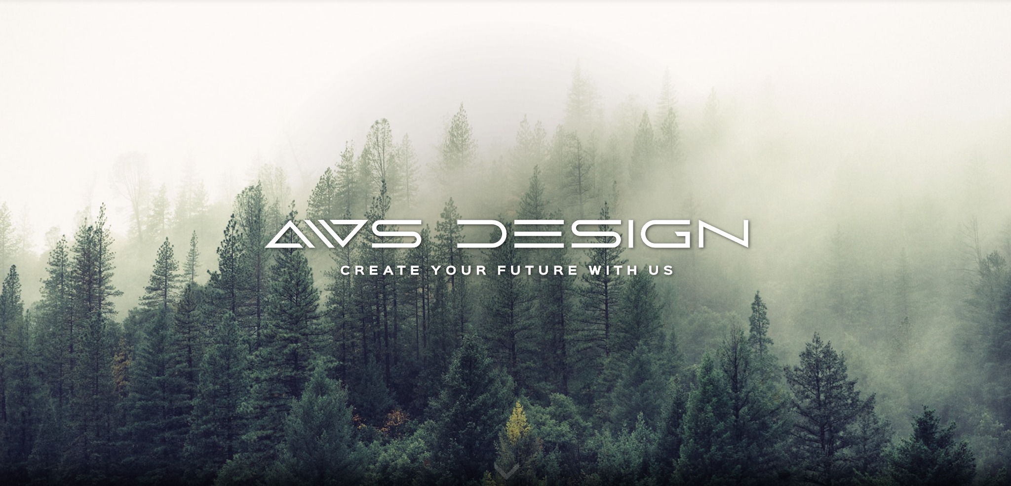 Logo firmy AWS Design na tle mglistego lasu iglastego, z hasłem 'Create your future with us'.