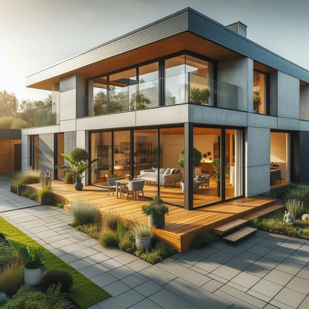 Nowoczesny dom z betonu architektonicznego i dużymi przeszkleniami, taras z drewna egzotycznego, starannie zaprojektowany ogród z elementami trawy ozdobnej i kostki brukowej.