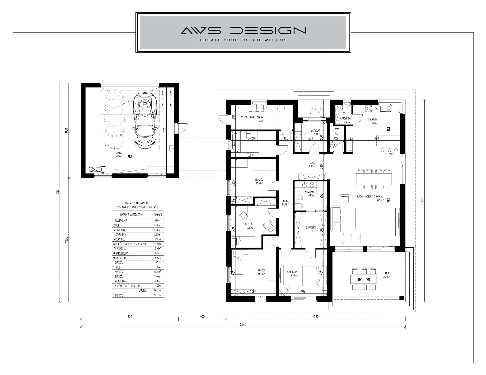 Projekt architektoniczny domu jednorodzinnego z garażem w Siedlcach, prezentujący rozkład pomieszczeń i ich powierzchnie w metrach kwadratowych.