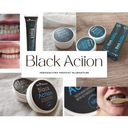Patrycja Ciborowska - Kompozycja produktów do wybielania zębów Black Action: pasta, proszek w otwartym i zamkniętym opakowaniu, szczoteczki, z efektem przed i w trakcie użycia.