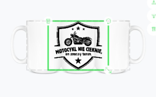 Biały kubek z nadrukiem: motocykl w tarczy, napis 'Motocykl nie cieknie, on znaczy teren' i gwiazdy.