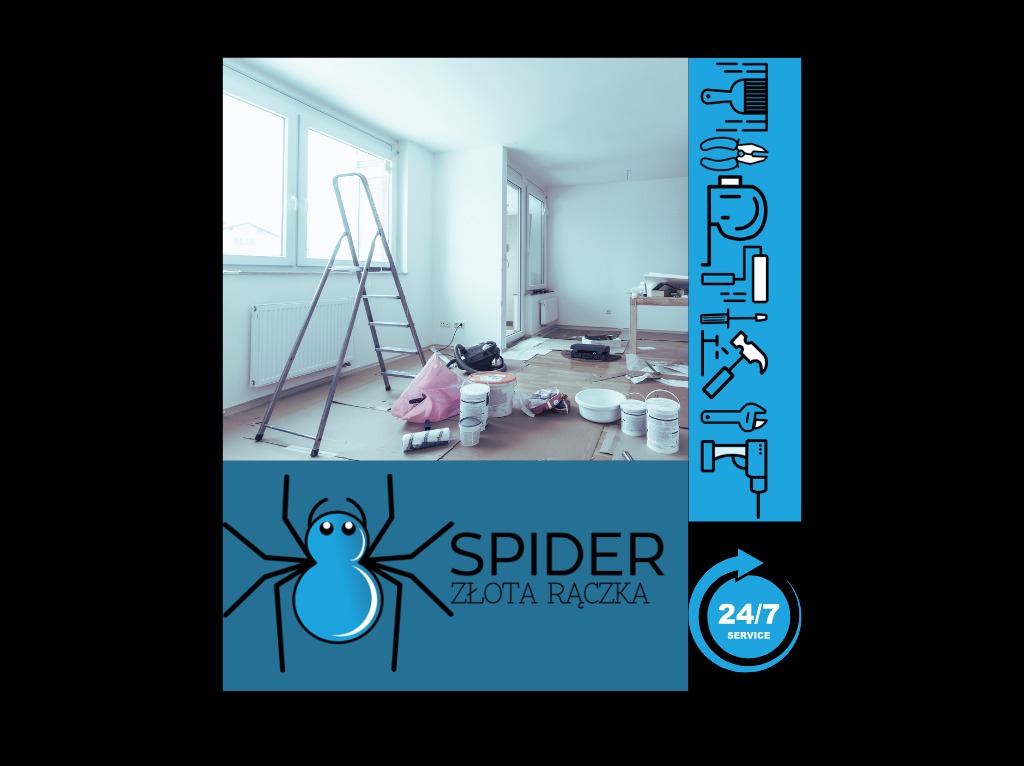 Pokój w trakcie malowania: drabina, otwarte puszki z farbą, wałek, folia malarska, karton na podłodze, logo firmy malarskiej w rogu.