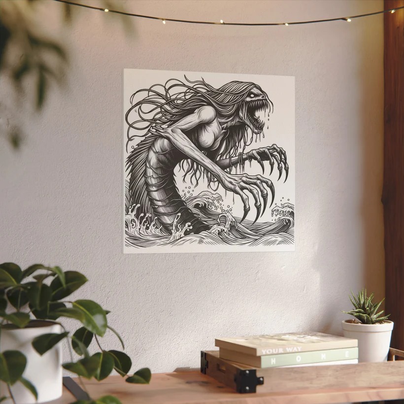 Czarno-biały rysunek morskiego potwora z długimi włosami i pazurami, wiszący na ścianie nad drewnianym stolikiem z roślinami doniczkowymi i książkami.