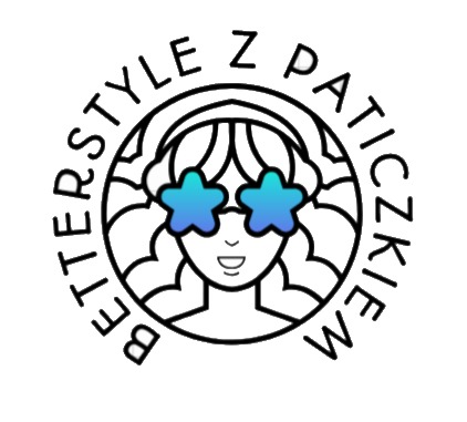 Logo firmy 'Better Style z Patyczkiem' przedstawiające schematyczną postać kobiety z okularami w kształcie gradientowych gwiazd, otoczoną okręgiem z nazwą firmy.