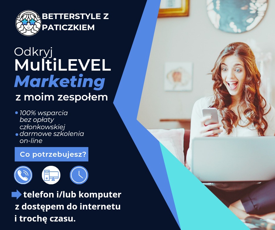 Kobieta z entuzjazmem przegląda smartfon, siedząc z laptopem, w tle widoczne elementy wystroju wnętrza, całość wkomponowana w reklamę marketingu wielopoziomowego.