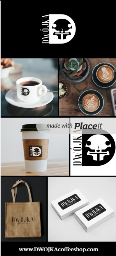 Kolaż prezentujący logo i produkty kawiarni: filiżanka z logo, kawa latte z wzorem, kubek na wynos z logo, torba z logo i wizytówki.