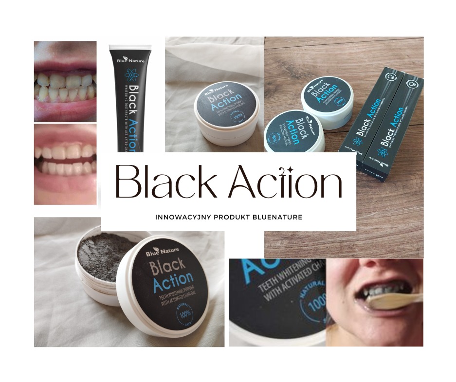 Kompozycja produktów do wybielania zębów Black Action: pasta, proszek w otwartym i zamkniętym opakowaniu, szczoteczki, z efektem przed i w trakcie użycia.