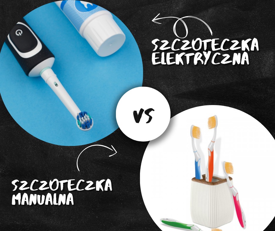 Porównanie szczoteczki elektrycznej i manualnej: szczoteczka elektryczna Oral-B obok tubki pasty do zębów na niebieskim tle, naprzeciwko szczoteczek manualnych w białym kubku na czarnym tle.