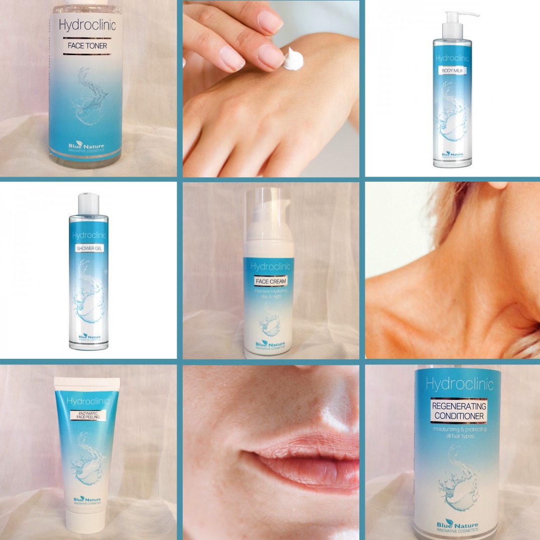 Zestaw kosmetyków Hydroclinic Blue Nature: tonik do twarzy, krem do twarzy, peeling, żel pod prysznic, balsam do ciała i odżywka do włosów, prezentowane na białym tle.