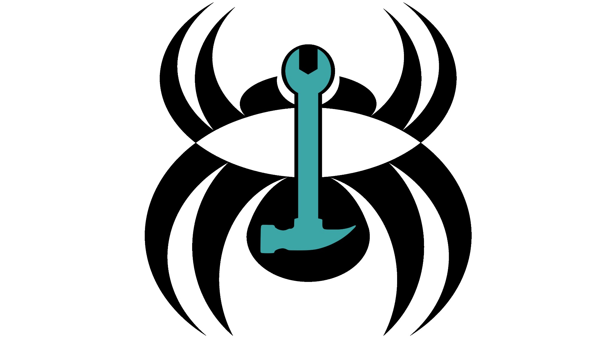 Abstrakcyjny, graficzny symbol łączący w sobie kształt pająka z narzędziami: kluczem francuskim i młotkiem w kolorze turkusowym na białym tle.