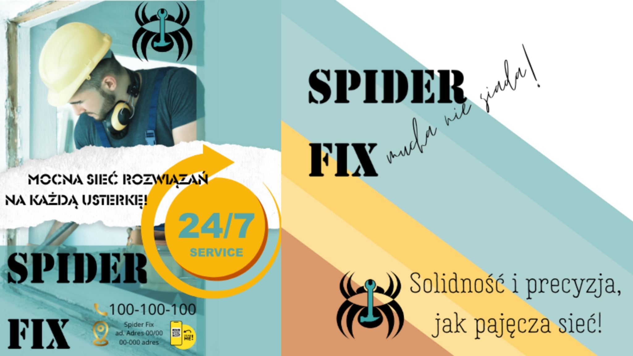 Grafika reklamowa firmy Spider Fix z motywem pająka, oferującej usługi naprawcze 24/7, z hasłem 'Mocna sieć rozwiązań na każdą usterkę!' i numerem telefonu.