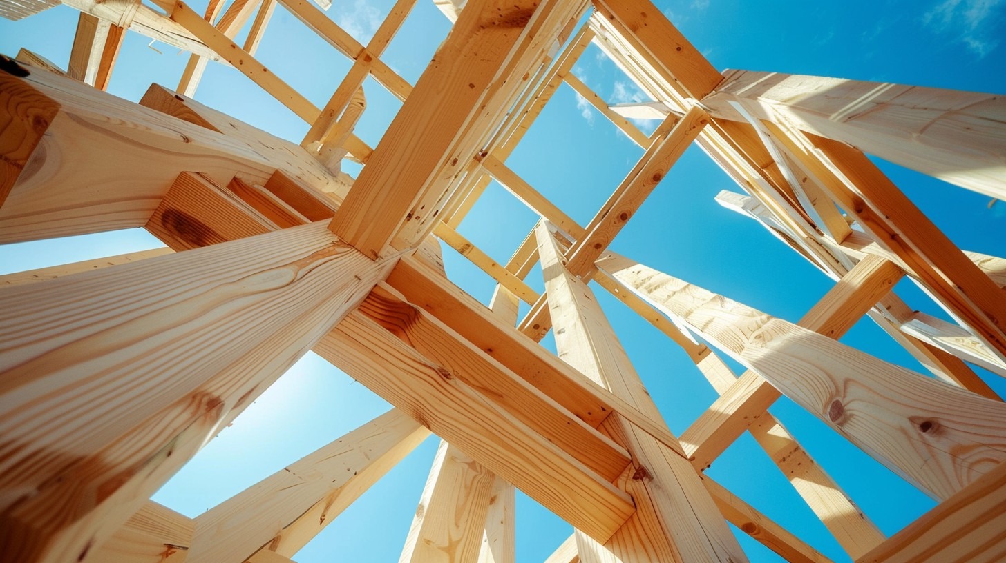 Drewniana konstrukcja dachu domu w trakcie budowy, widok od dołu na tle błękitnego nieba.