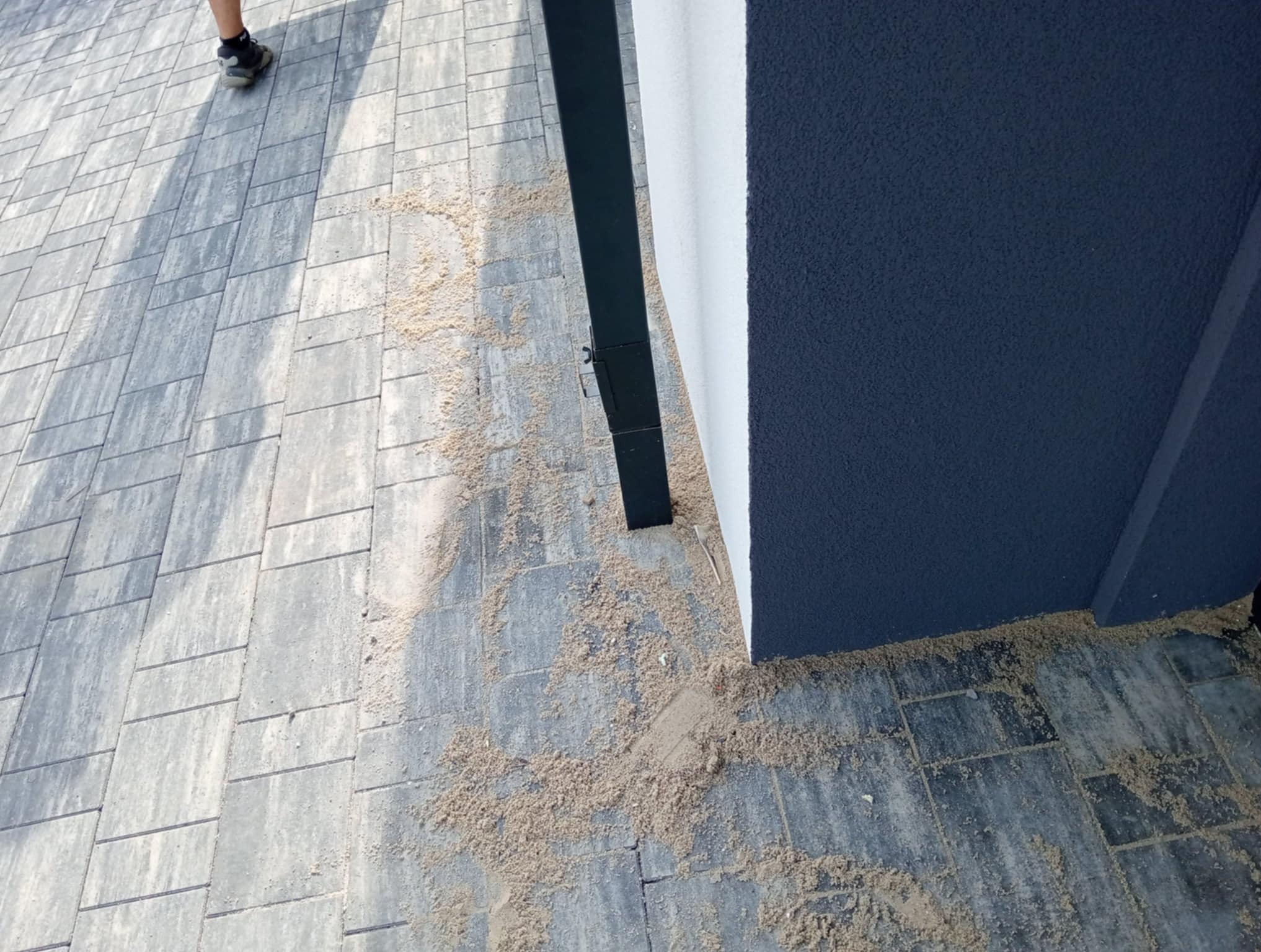 Szare prostokątne płyty chodnikowe z widocznymi śladami piasku, przylegające do ciemnoszarej ściany i czarnej kolumny, fragment buta w lewym górnym rogu.