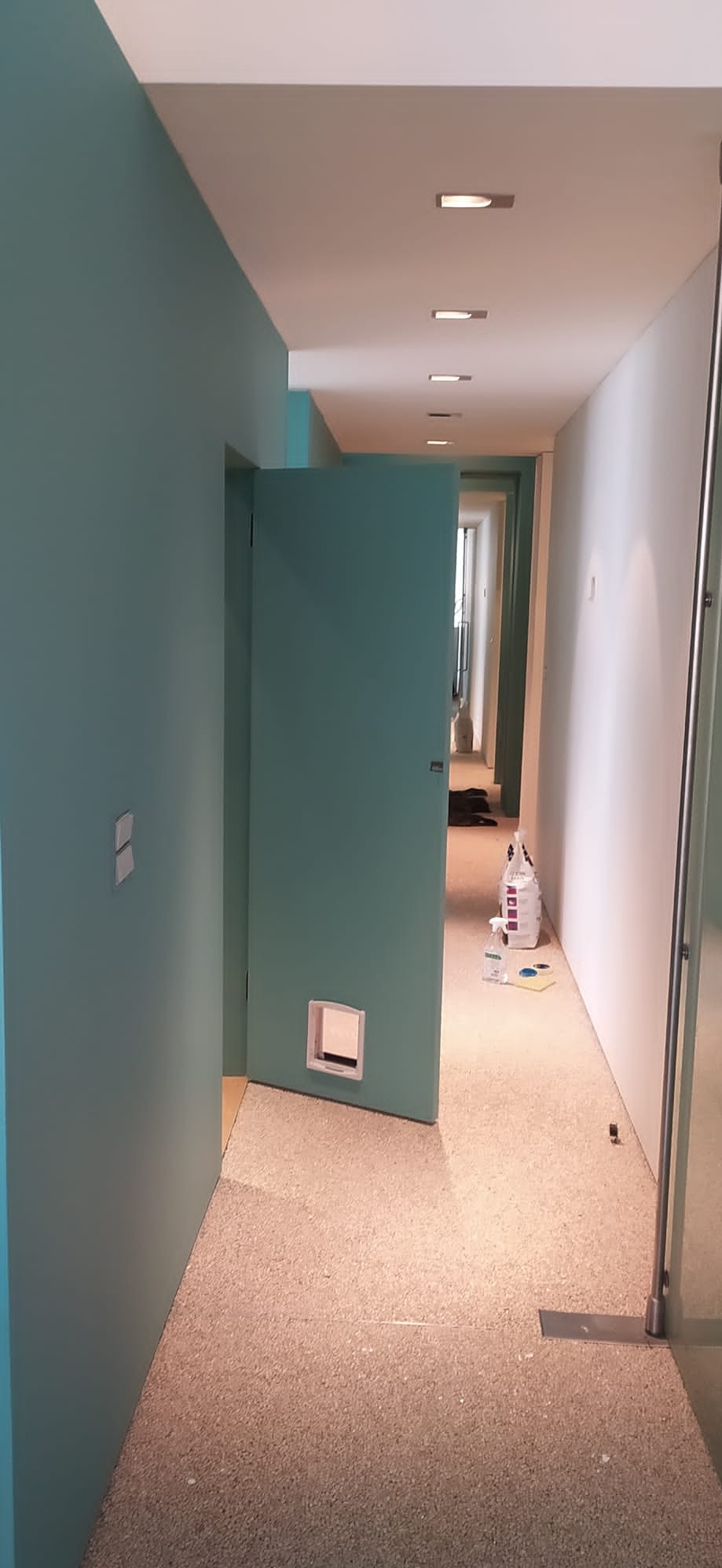 Korytarz w Łańcucie po malowaniu ścian na turkusowo i biało, widoczne otwarte drzwi z zamontowanym przejściem dla zwierząt, na podłodze pozostałości po pracach malarskich.