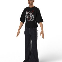 Zachariasz Frąckowiak - Model prezentuje czarny T-shirt z grafiką w stylu okultystycznym i dżinsy z szerokimi nogawkami, sesja w Poznaniu.