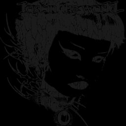 Zachariasz Frąckowiak - Czarno-biała, grunge'owa grafika przedstawiająca twarz kobiety z krótkimi włosami, ozdobiona napisem 'Lost in the world' i abstrakcyjnymi elementami dekoracyjnymi.