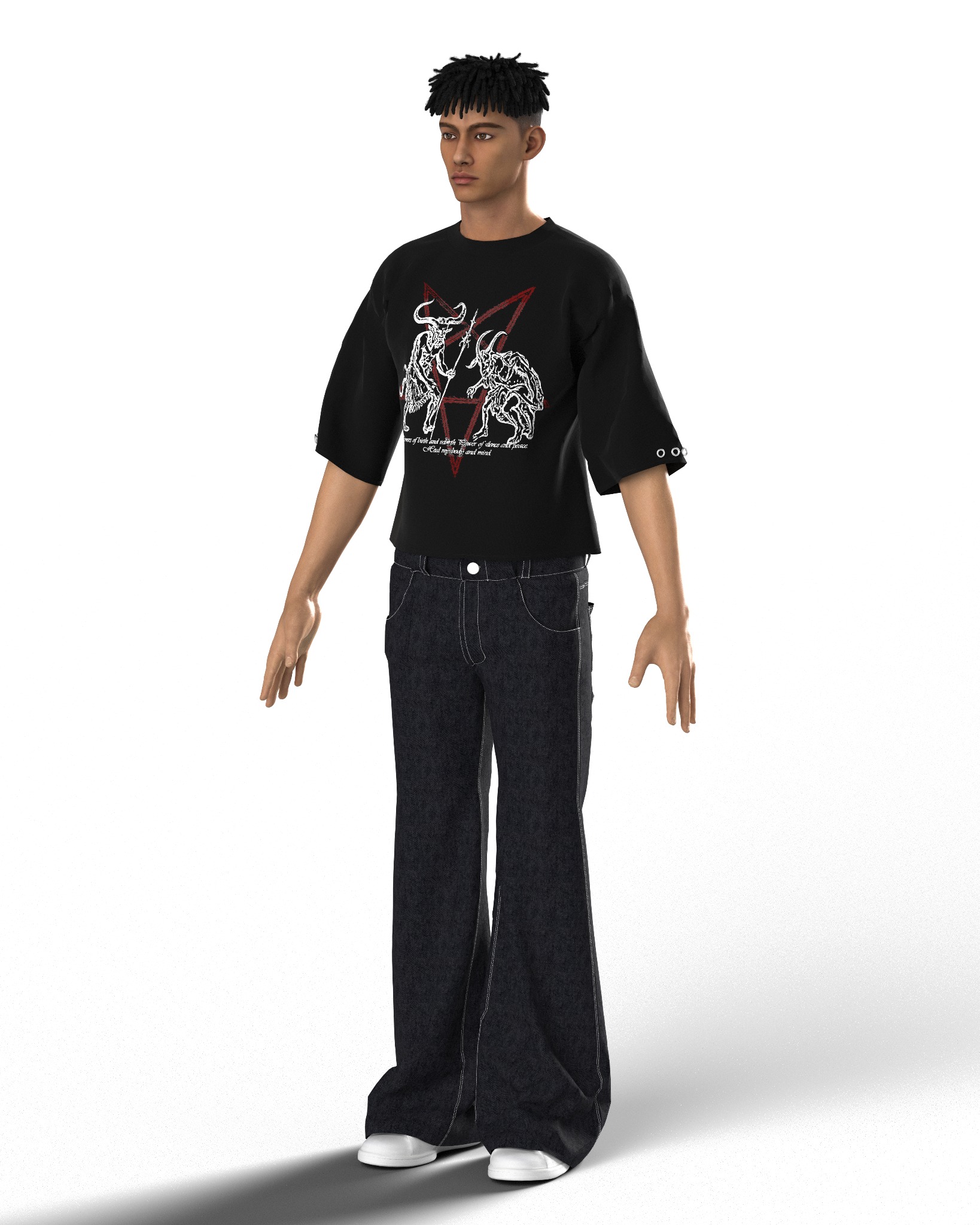 Model prezentuje czarny T-shirt z grafiką w stylu okultystycznym i dżinsy z szerokimi nogawkami, sesja w Poznaniu.