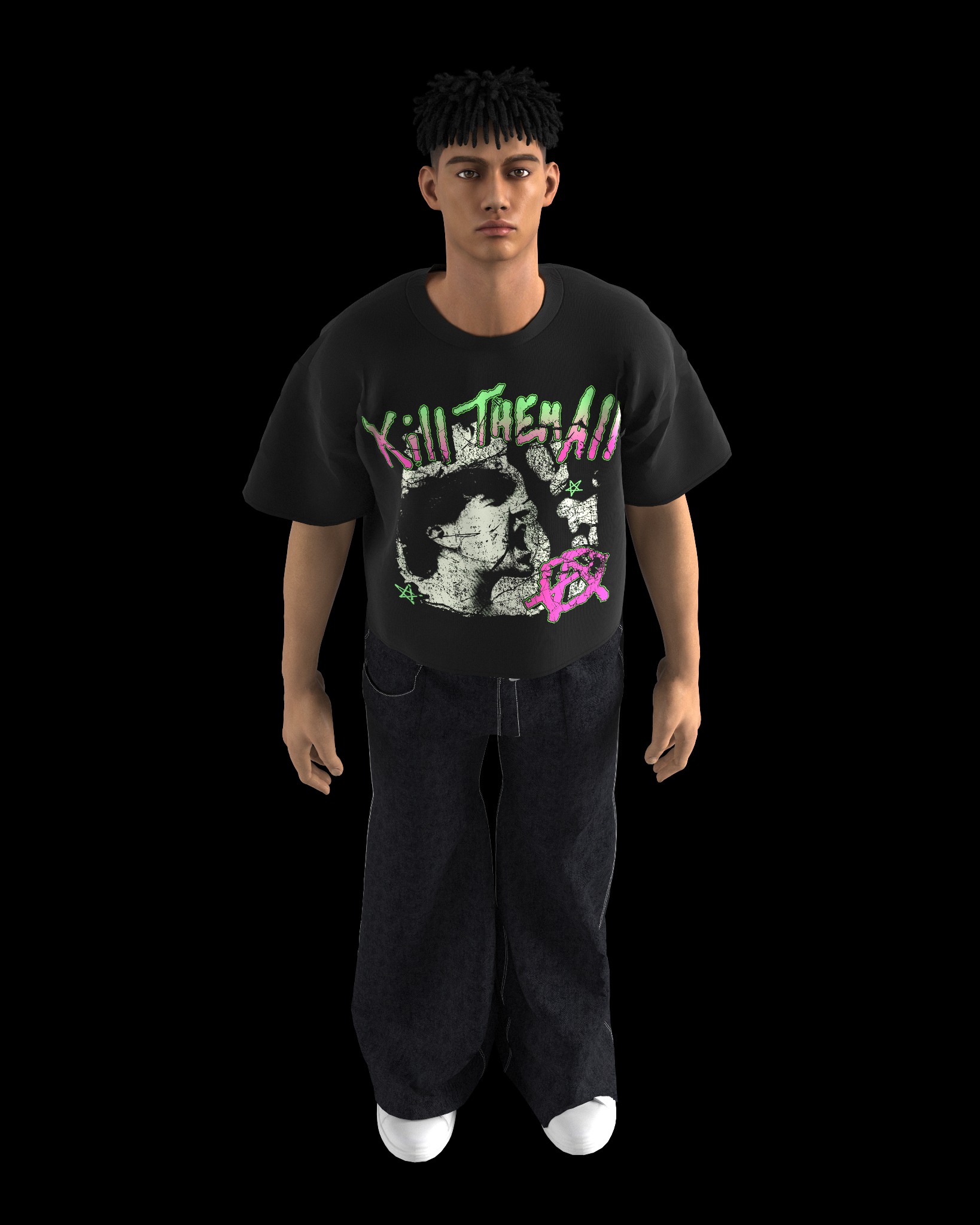 Model w czarnym T-shircie z grafiką 'Kill Them All' w stylu punk, ubrany w szerokie jeansy i białe sneakersy, na czarnym tle.