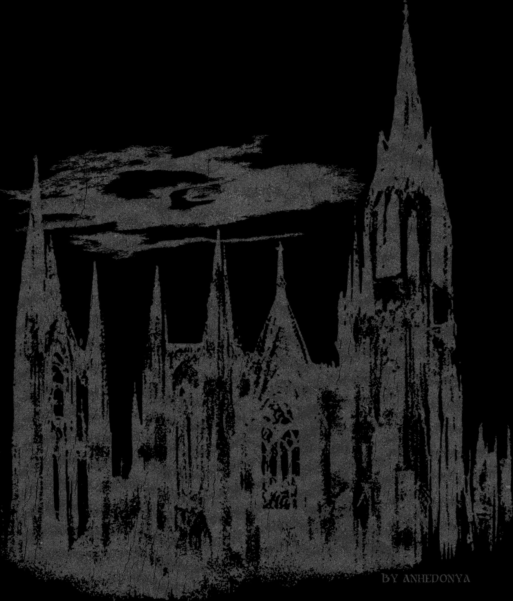 Mroczny, ziarnisty render gotyckiej katedry z wysokimi wieżami i ostrymi łukami, stylizowany na czarno-biały szkic z efektem grunge.