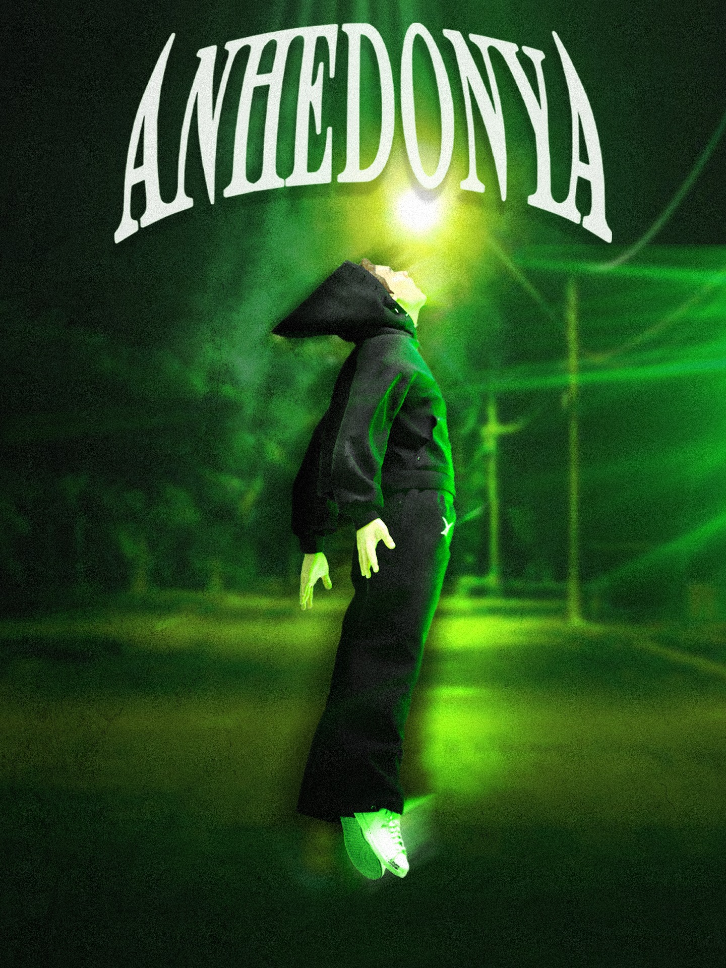 Osoba w kapturze spogląda w górę na uliczne światło w surrealistycznej, zielonej scenerii z napisem 'Anhedonya' u góry.