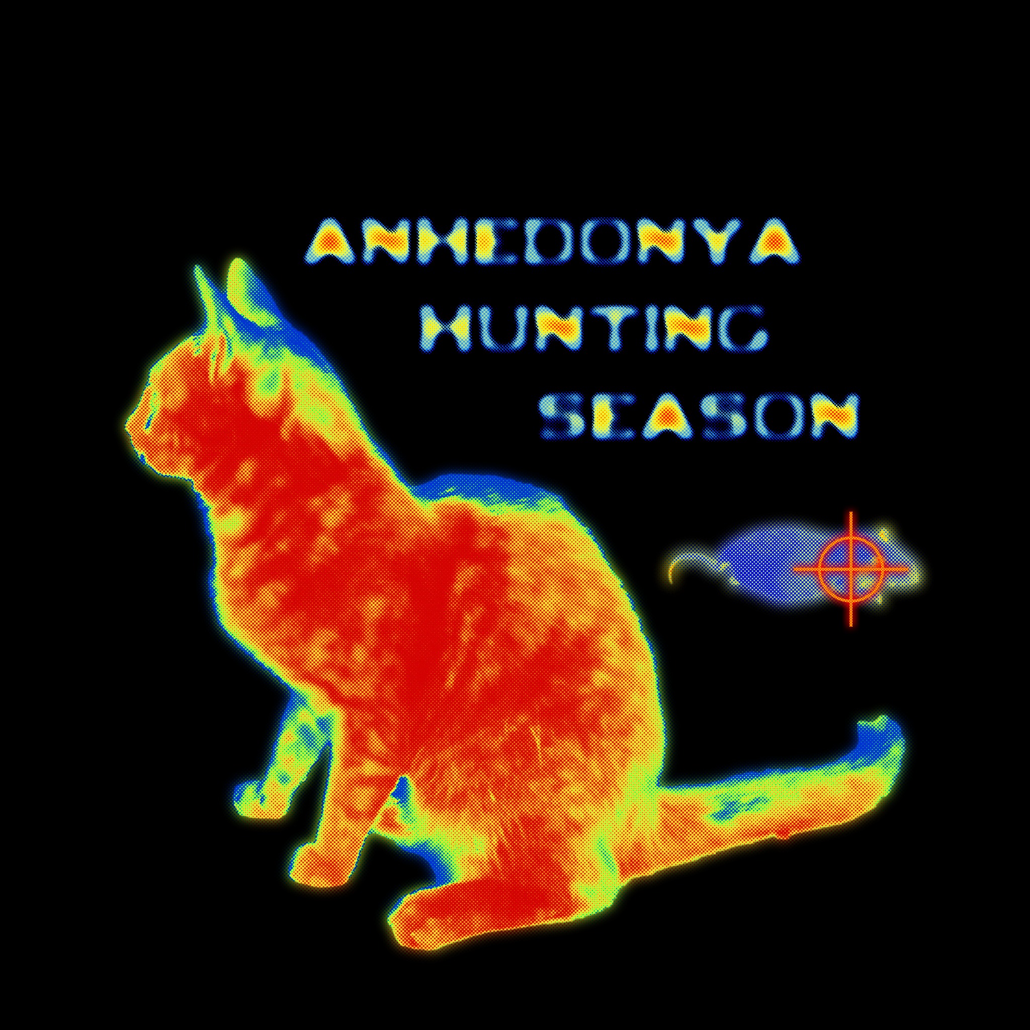 Grafika termowizyjna przedstawiająca kota siedzącego obok myszy z celownikiem, z napisem 'ANHEDONYA HUNTING SEASON'.
