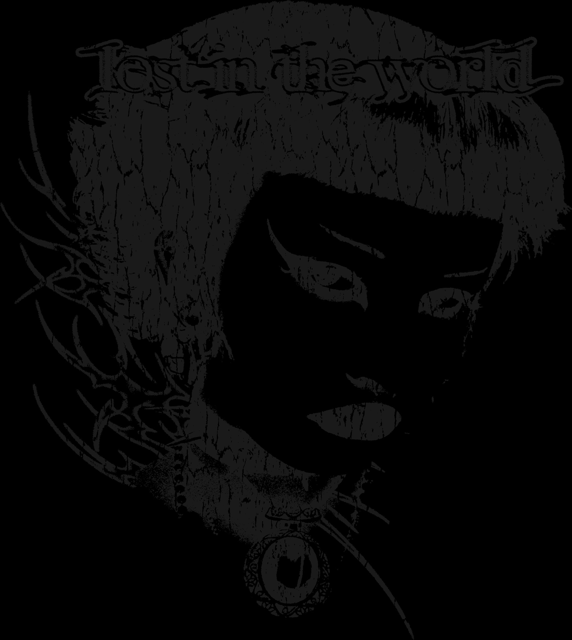 Czarno-biała, grunge'owa grafika przedstawiająca twarz kobiety z krótkimi włosami, ozdobiona napisem 'Lost in the world' i abstrakcyjnymi elementami dekoracyjnymi.